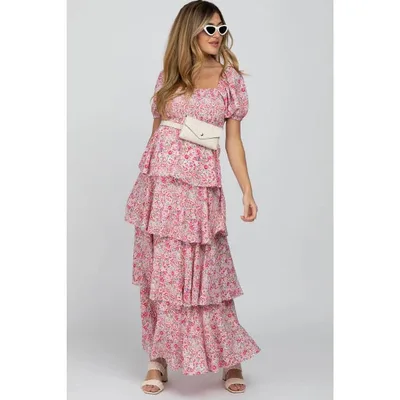 Target PinkBlush Pink Floral Square Neck Ruffle Layered Maternity Maxi Dress Pink Medium