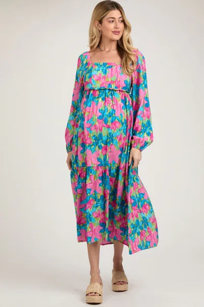 PinkBlush Blue Floral Long Sleeve Maternity Midi Dress