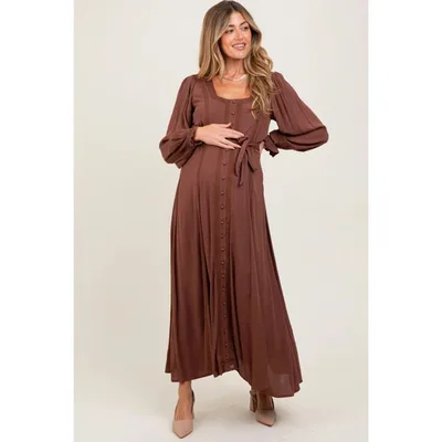 Target Pinkblush Brown Lace Detail Button Down Maternity Maxi Dress Medium