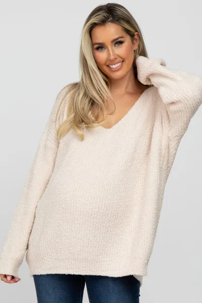 PinkBlush Beige V-Neck Soft Maternity Sweater