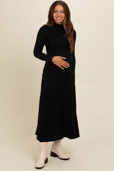PinkBlush Black Ribbed Exposed Seam Mock Neck Maternity Dress