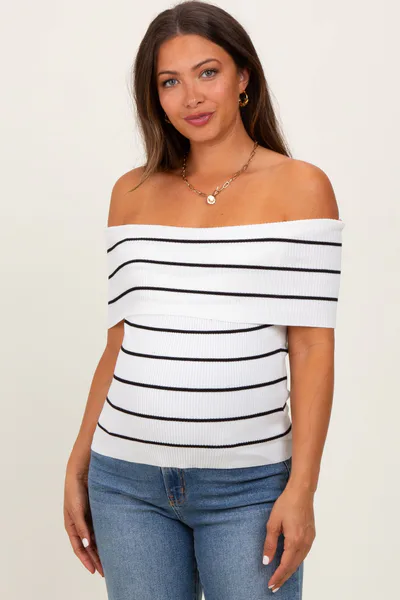 PinkBlush White Striped Off The Shoulder Sweater Maternity Top