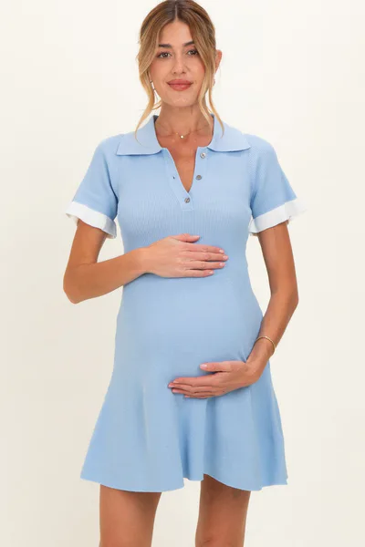 PinkBlush Blue Knit Ruffle Sleeve Maternity Mini Polo Dress