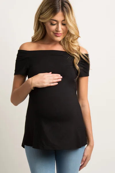 PinkBlush Black Off Shoulder Short Sleeve Maternity Top