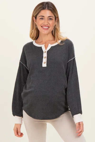 PinkBlush Charcoal Textured Rib Bubble Sleeve Maternity Henley