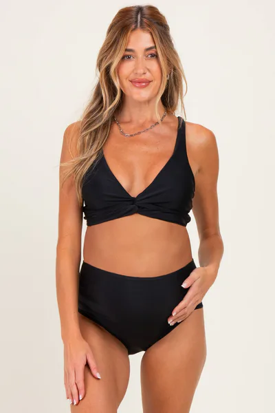 PinkBlush Black Twist Front V-Neck Maternity Bikini Set