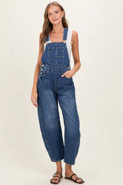 PinkBlush Blue Barrel Leg Maternity Denim Overalls