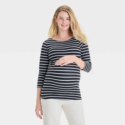 Target 3/4 Sleeve Boatneck Maternity T-Shirt - Isabel Maternity by Ingrid & Isabel™ Black/White Striped M: Cotton Modal Blend, Knit Pullover