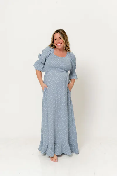Worth Collective Sienna 100% Cotton Puff Sleeve Maxi Dress in Light Indigo Foliage - Bump Friendly