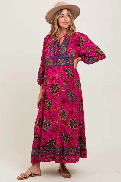 PinkBlush Magenta Floral Tassel Tie Long Sleeve Maternity Maxi Dress