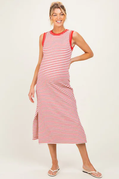 PinkBlush Red Striped Solid Trim Sleeveless Maternity Midi Dress