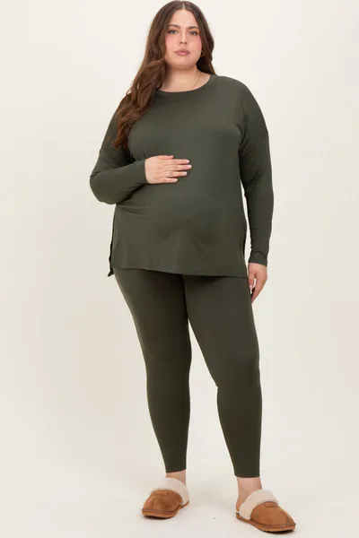 PinkBlush Olive Brushed Knit Oversized Top and Legging Maternity Plus Set