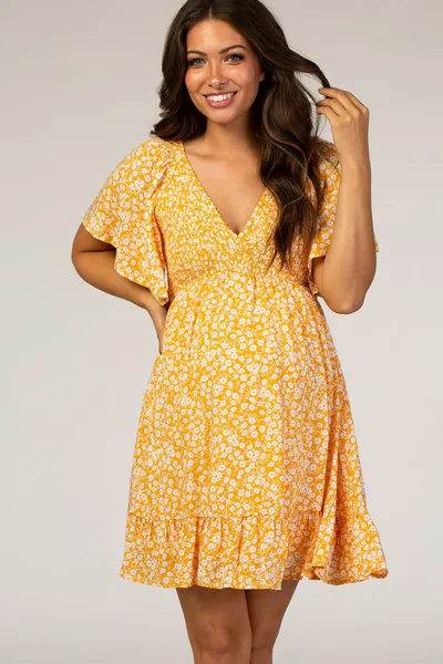 PinkBlush Yellow Floral Smocked Ruffle Maternity Dress