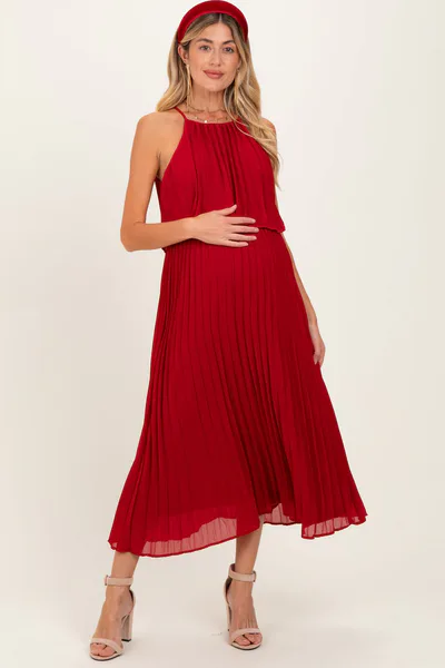 PinkBlush Burgundy Pleated Woven Maternity Midi Dress