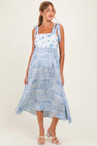 PinkBlush Blue Ivory Floral Tie Shoulder Woven Maternity Midi Dress