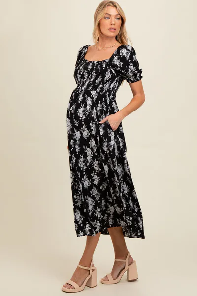 PinkBlush Black Floral Smocked Sweetheart Neckline Maternity Midi Dress