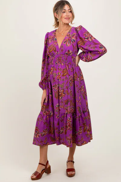 PinkBlush Plum Floral Smocked Waist Long Sleeve Maternity Midi Dress