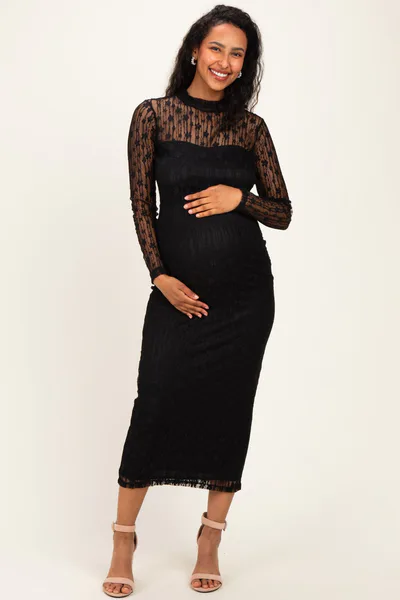 PinkBlush Black Lace Mock Neck Long Sleeve Maternity Maxi Dress