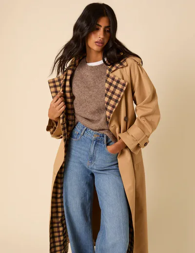 For The Creators Camel Check Trim coat