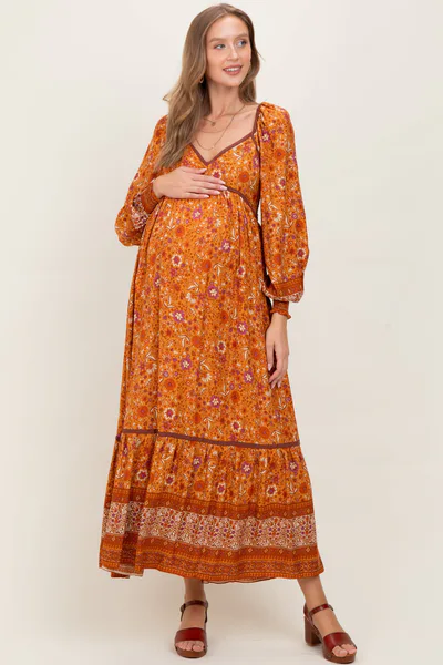 PinkBlush Orange Floral Border Print Long Sleeve Maternity Maxi Dress