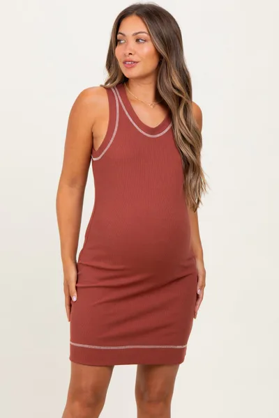 PinkBlush Rust Contrast Stitch Sleeveless Maternity Mini Dress