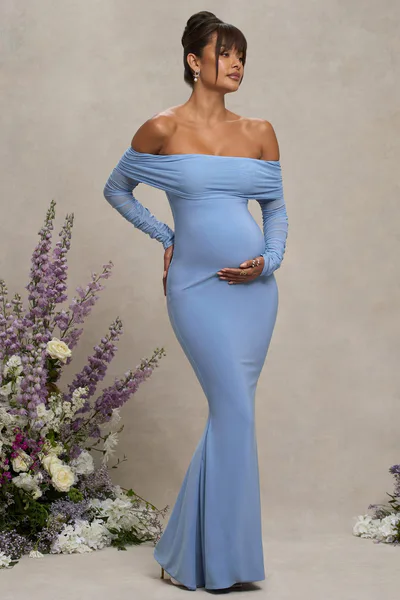 Club L London Pretty Perfect | Powder Blue Maternity Ruched Mesh Bardot Maxi Dress