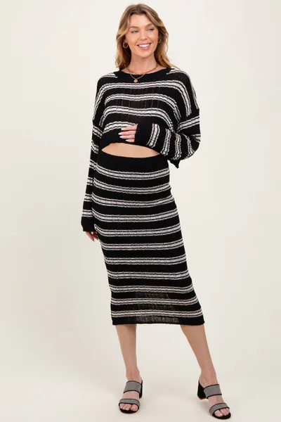 PinkBlush Black/Cream Long Sleeve Crop Top Midi Skirt Maternity Set