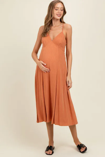 PinkBlush Rust/White Linen Striped Maternity Midi Dress