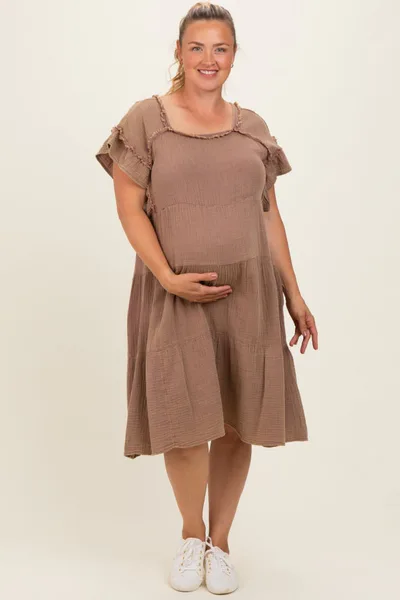 PinkBlush Mahogany Washed Double Gauze Tiered Maternity Plus Dress
