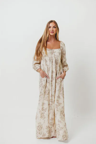 Worth Collective Peyton 100% Cotton Maxi Dress in Brown Floral - Bump Friendly