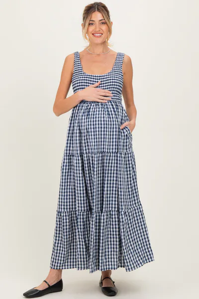 PinkBlush Blue Gingham Sleeveless Tiered Maternity Maxi Dress