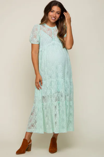 PinkBlush Mint Lace Tiered Maternity Midi Dress