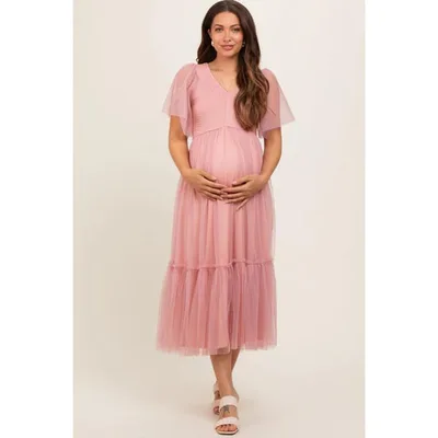 Target Pinkblush Mauve Dotted Tulle Smocked Maternity Midi Dress Small