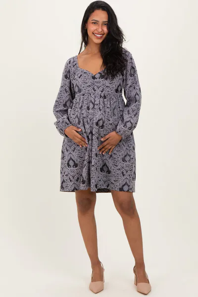 PinkBlush Charcoal Damask Jacquard Long Sleeve Maternity Dress