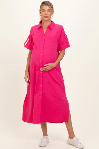 PinkBlush Fuchsia Side Slit Button Down Maternity Midi Dress