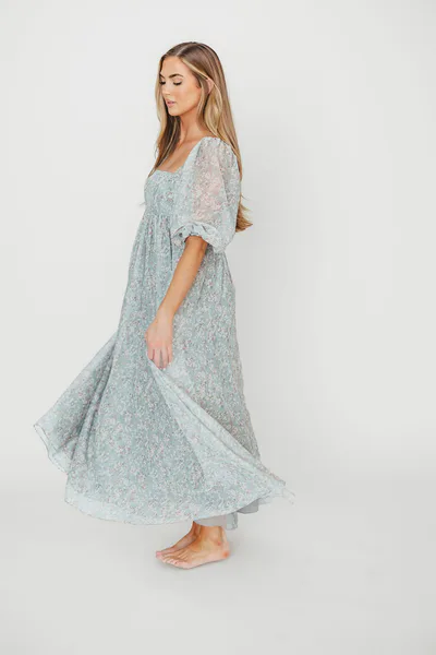 Worth Collective Mona Maxi Dress with Smocking in Sage Green Floral - Bump Friendly