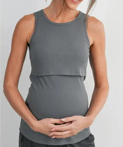 Bump City The Shelby Sleeveless Double-Layer Nursing Tank Top (Olive Gray)
