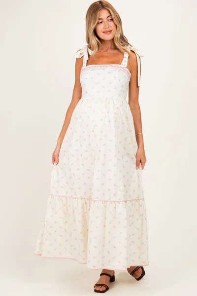 PinkBlush Creme Peony Floral Shoulder Tie Maternity Maxi Dress