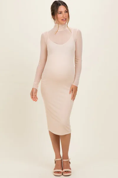 PinkBlush Beige Mesh Overlay Fitted Maternity Midi Dress