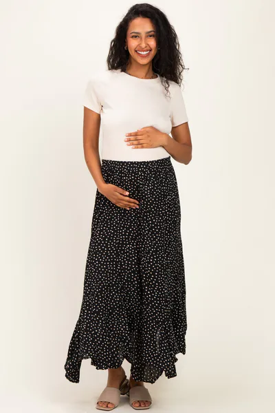 PinkBlush Black Polka Dot Ruffle Hem Maternity Maxi Skirt