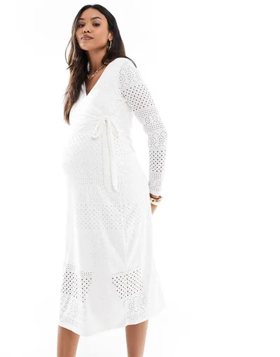 ASOS Mamalicious Maternity jersey eyelet wrap midi dress in white