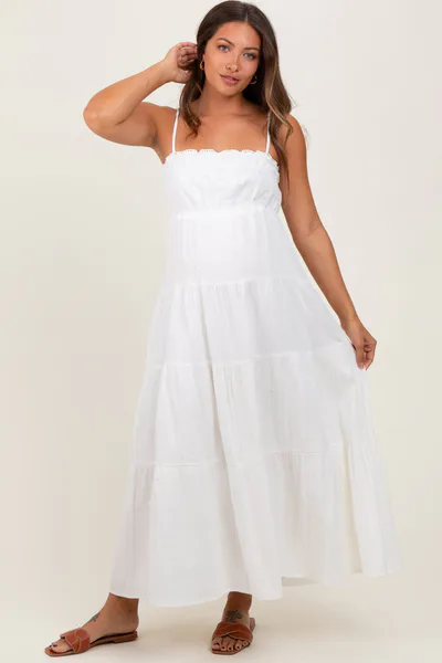 PinkBlush Ivory Crochet Trim Tiered Maternity Maxi Dress