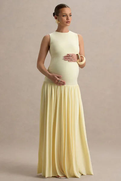 Club L London Outline | Lemon Crew-Neck Maternity Maxi Dress With Pleated Skirt