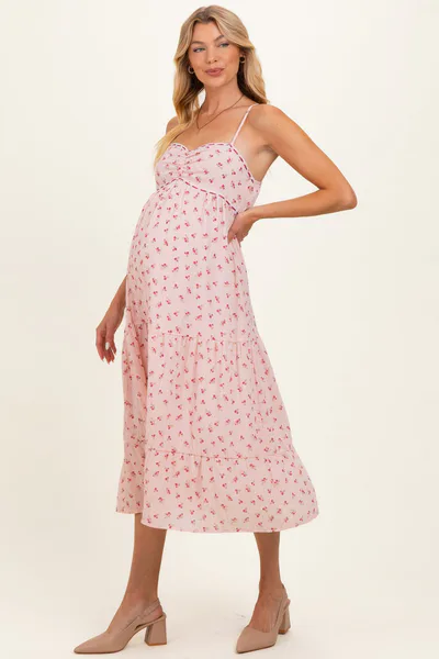 PinkBlush Light Pink Floral Ribbon Detail Maternity Midi Dress