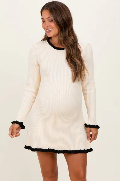 PinkBlush Ivory Ribbed Knit Contrast Ruffle Trim Maternity Mini Dress