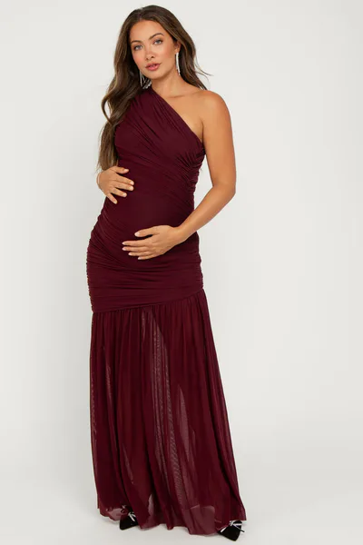 PinkBlush Dark Burgundy Ruched Mesh One Shoulder Maternity Maxi Dress