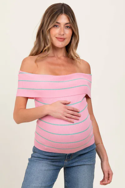 PinkBlush Light Pink Striped Off The Shoulder Sweater Maternity Top