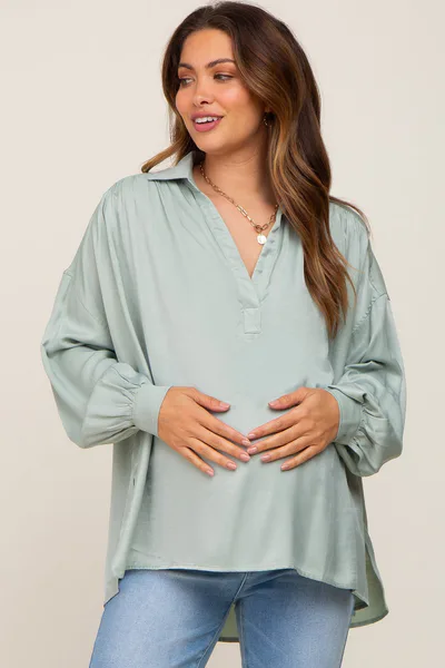 PinkBlush Mint Green Silk Collared V-Neck Long Sleeve Blouse