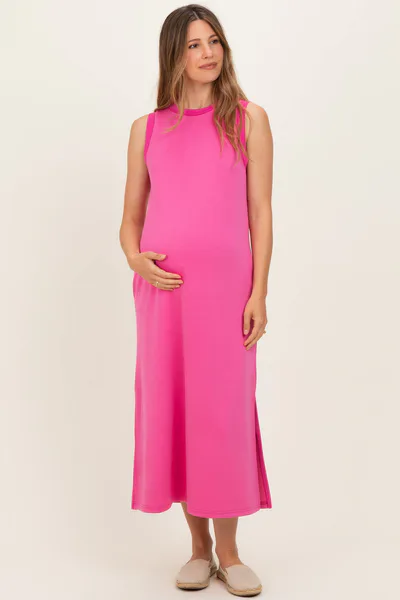 PinkBlush Fuchsia Sleeveless Maternity Midi Dress