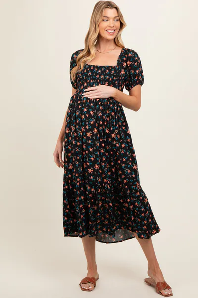 PinkBlush Black Floral Smocked Short Sleeve Maternity Midi Dress